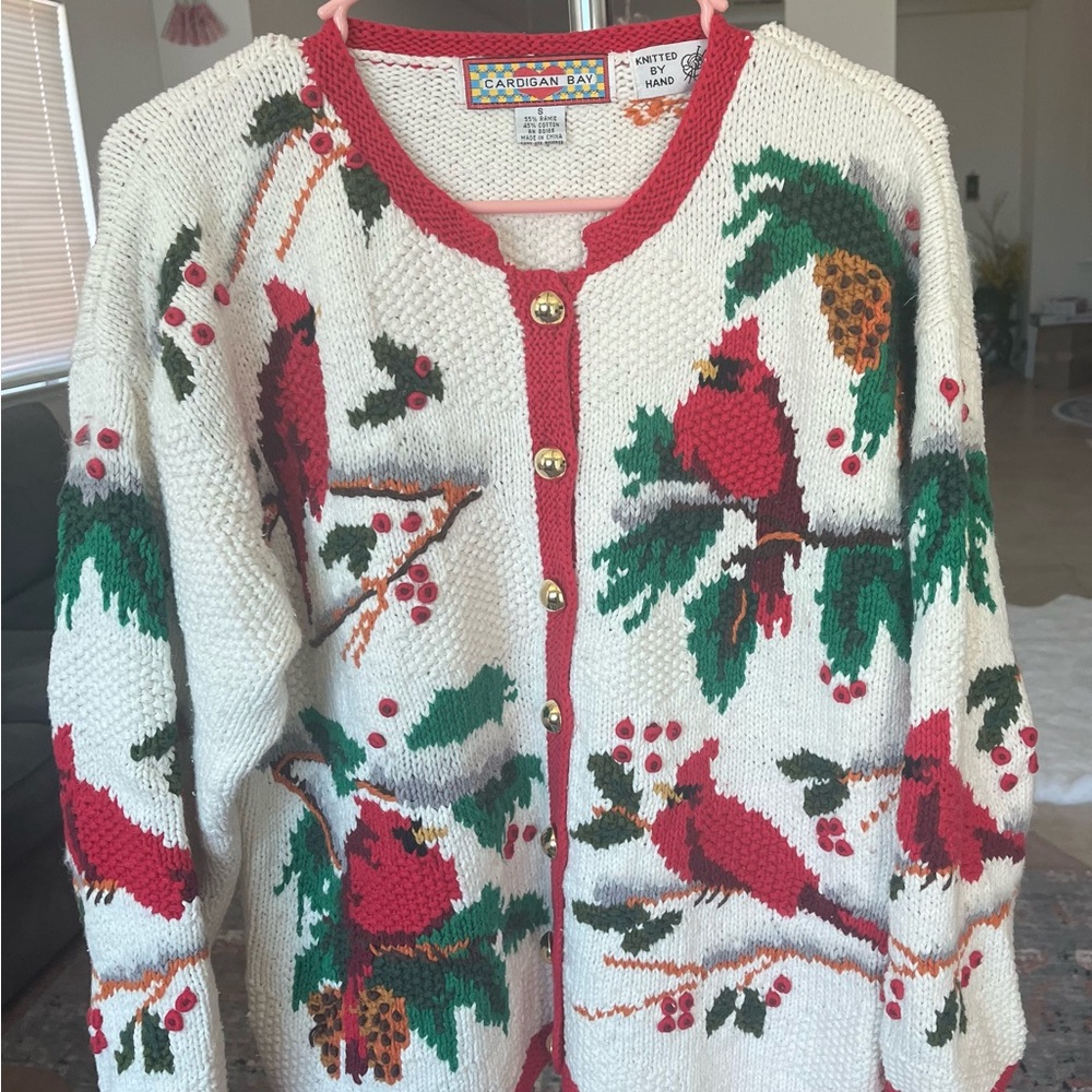 Cardigan Bay Vintage Christmas Sweater with Red Cardinals Birds